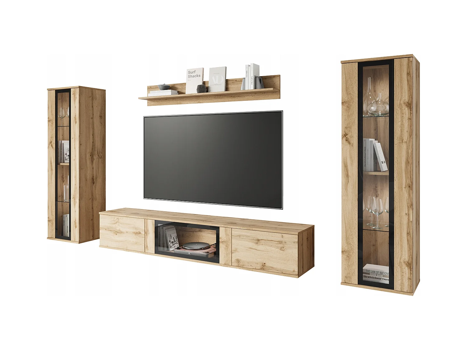 Nowoczesna meblościanka do salonu – mat, 2 witryny i szafka RTV 180 Dąb Wotan