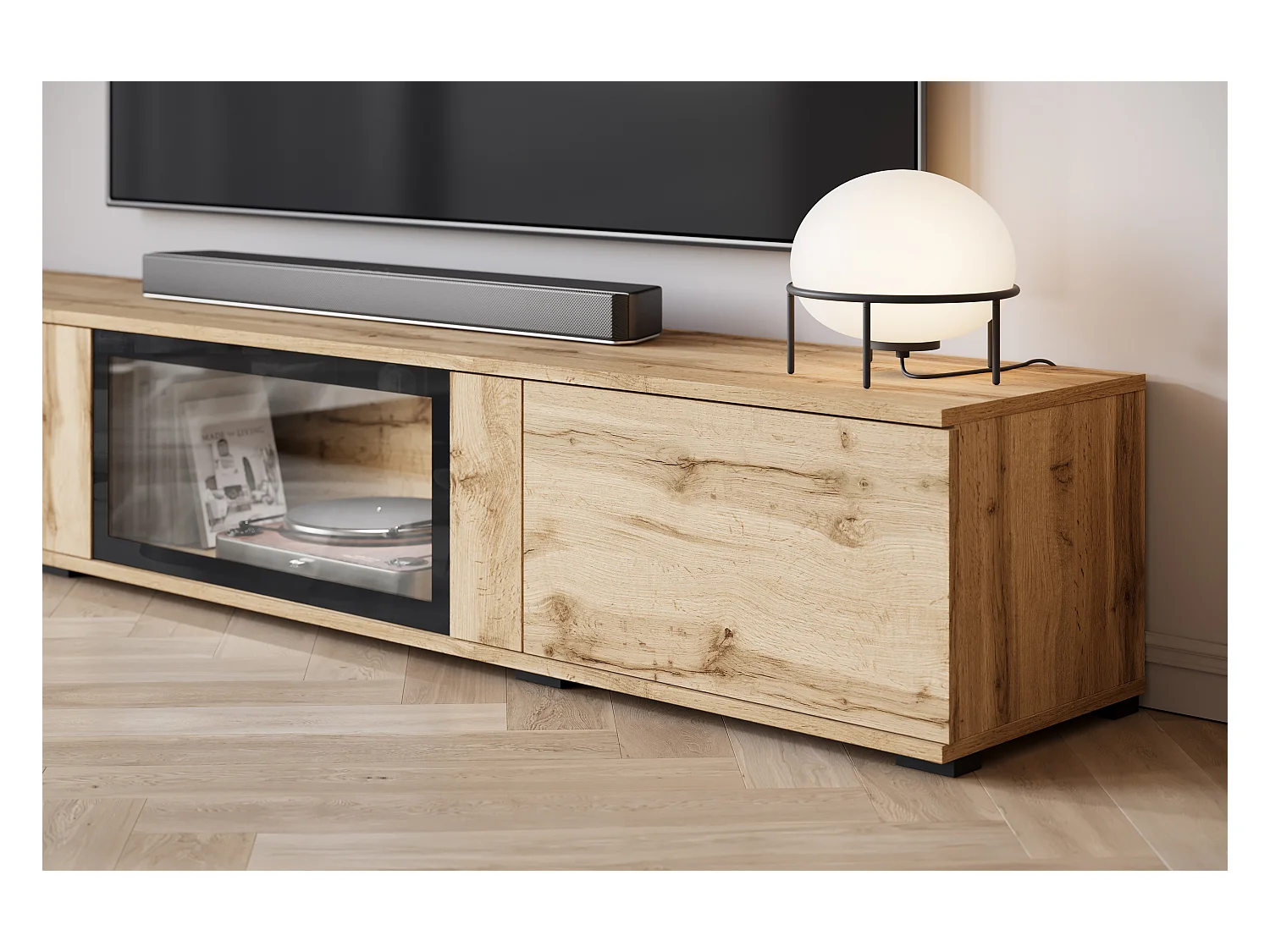 Nowoczesna meblościanka do salonu – mat, 2 witryny i szafka RTV 180 Dąb Wotan