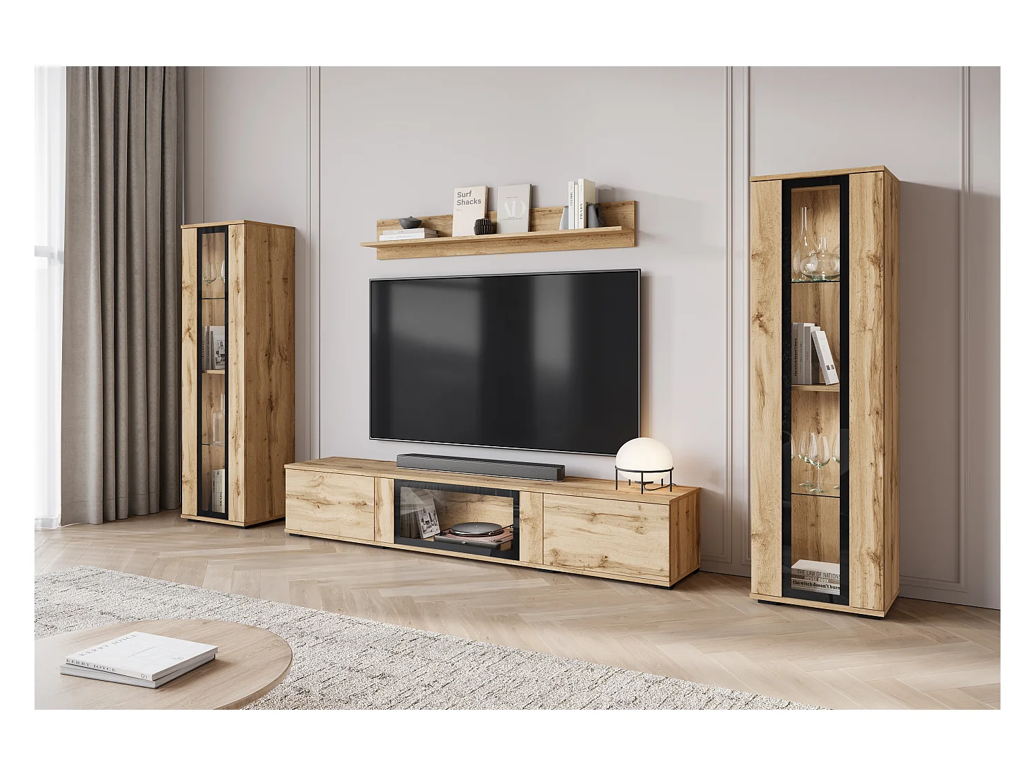 Ensemble mural moderne pour salon – finition mate, 2 vitrines et meuble TV 180 cm chêne Wotan