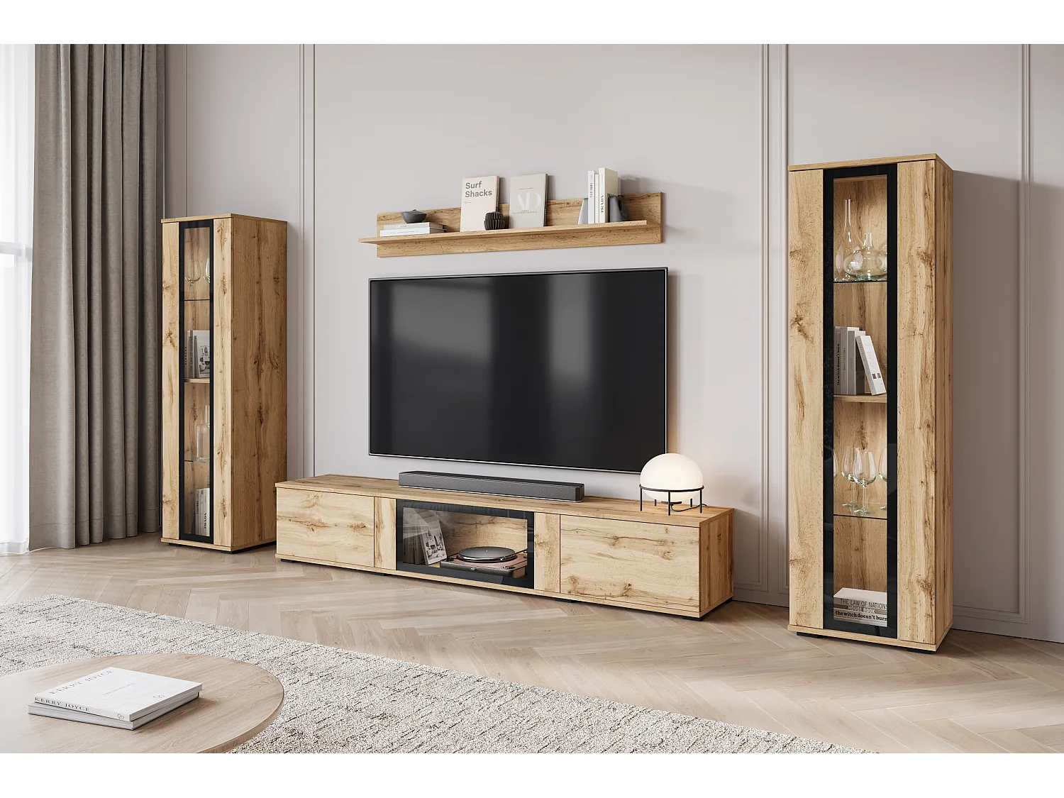 Ensemble mural moderne pour salon – finition mate, 2 vitrines et meuble TV 180 cm chêne Wotan