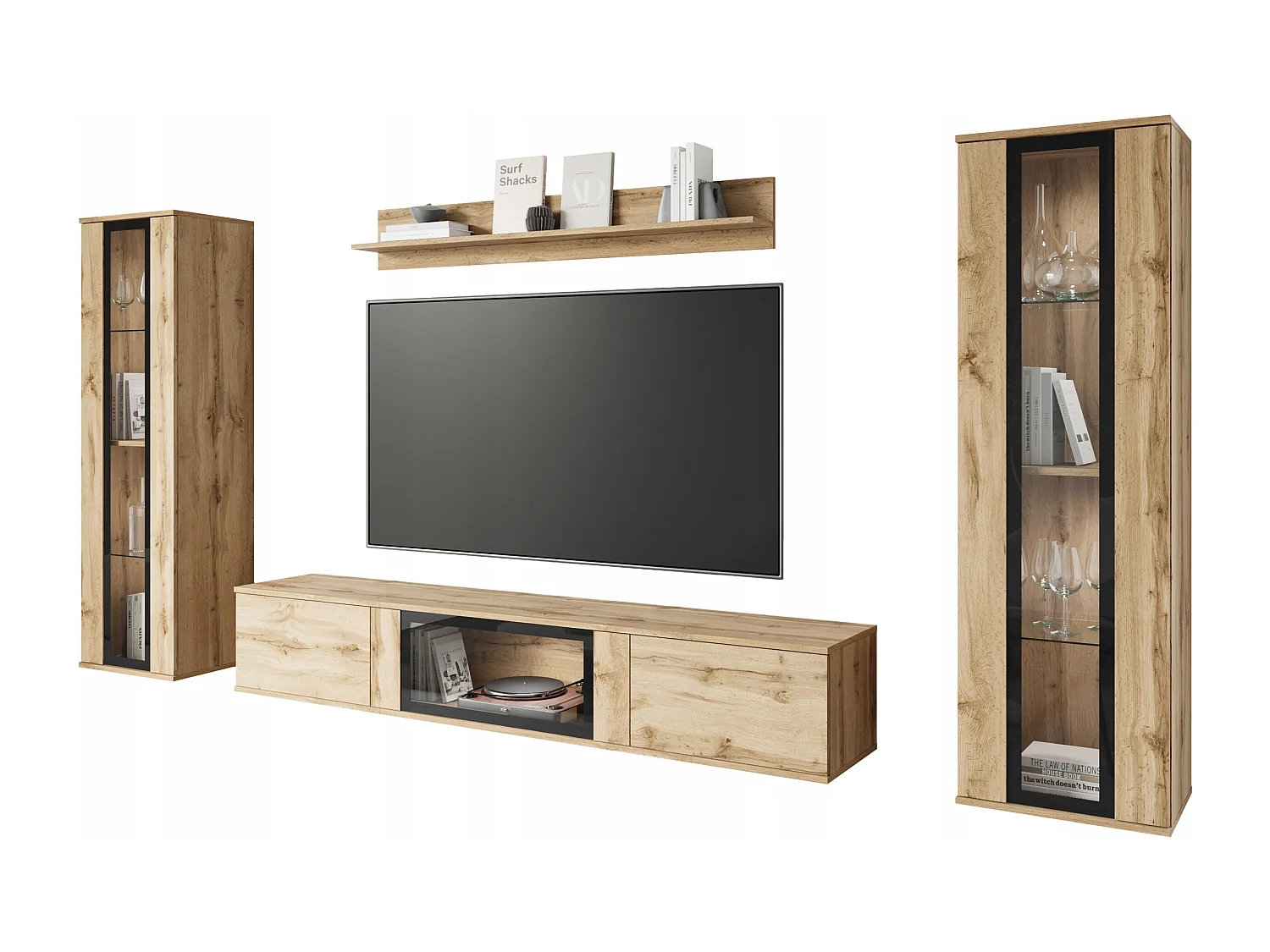 Ensemble mural moderne pour salon – finition mate, 2 vitrines et meuble TV 180 cm chêne Wotan