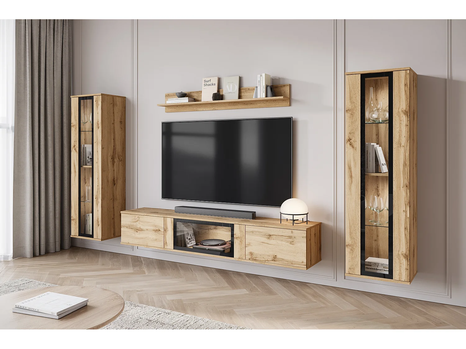Ensemble mural moderne pour salon – finition mate, 2 vitrines et meuble TV 180 cm chêne Wotan