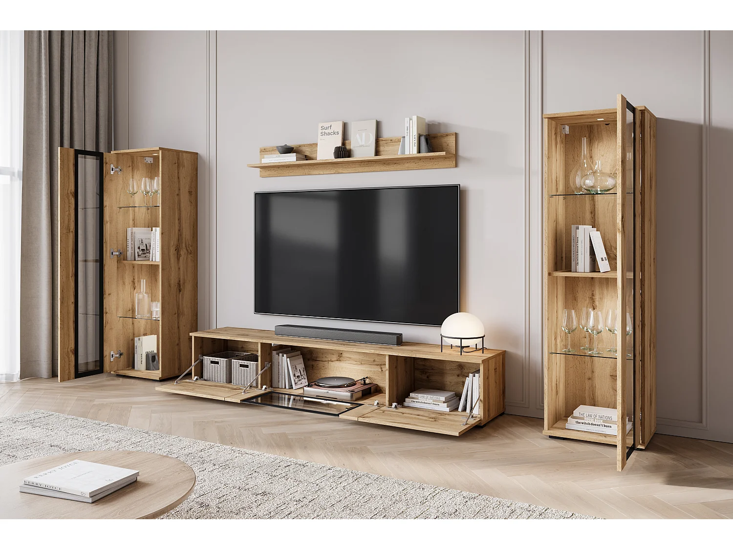 Ensemble mural moderne pour salon – finition mate, 2 vitrines et meuble TV 180 cm chêne Wotan