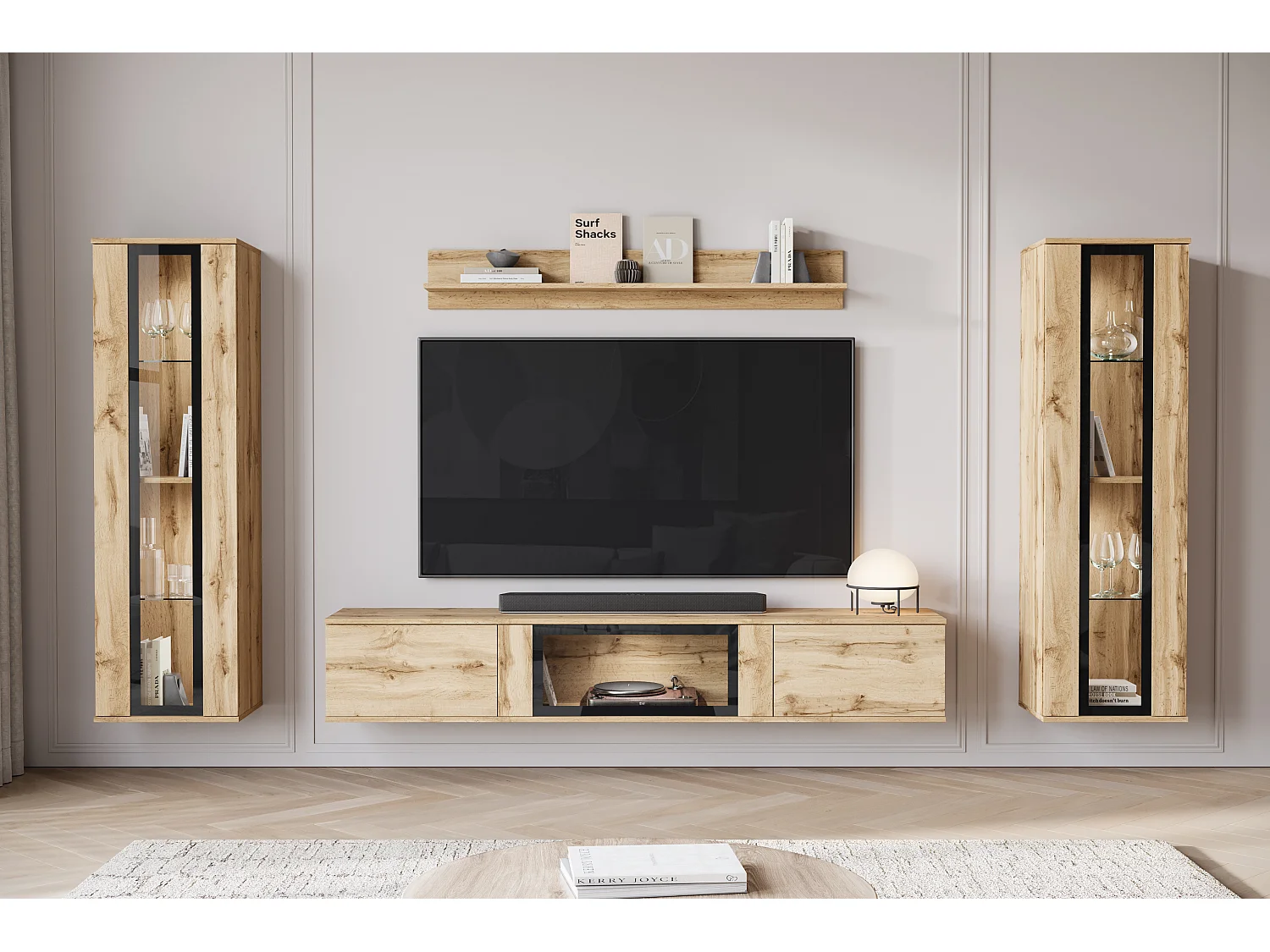Ensemble mural moderne pour salon – finition mate, 2 vitrines et meuble TV 180 cm chêne Wotan