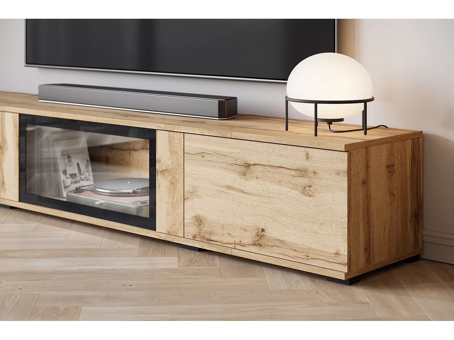 Ensemble mural moderne pour salon – finition mate, 2 vitrines et meuble TV 180 cm chêne Wotan