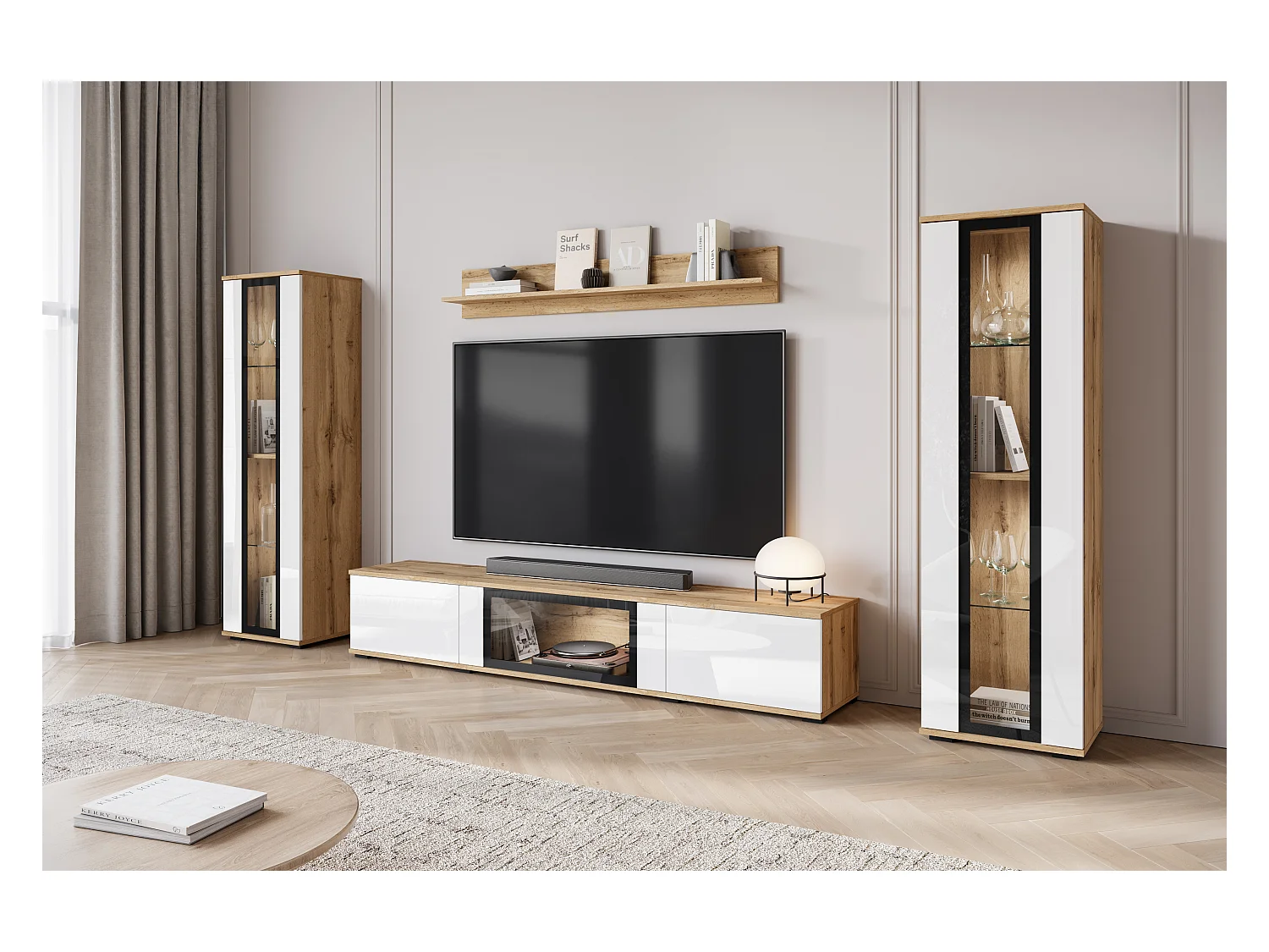 Mueble de salón moderno – 2 vitrinas y mueble TV 180 cm, cuerpo roble Wotan mate frentes blanco brillo
