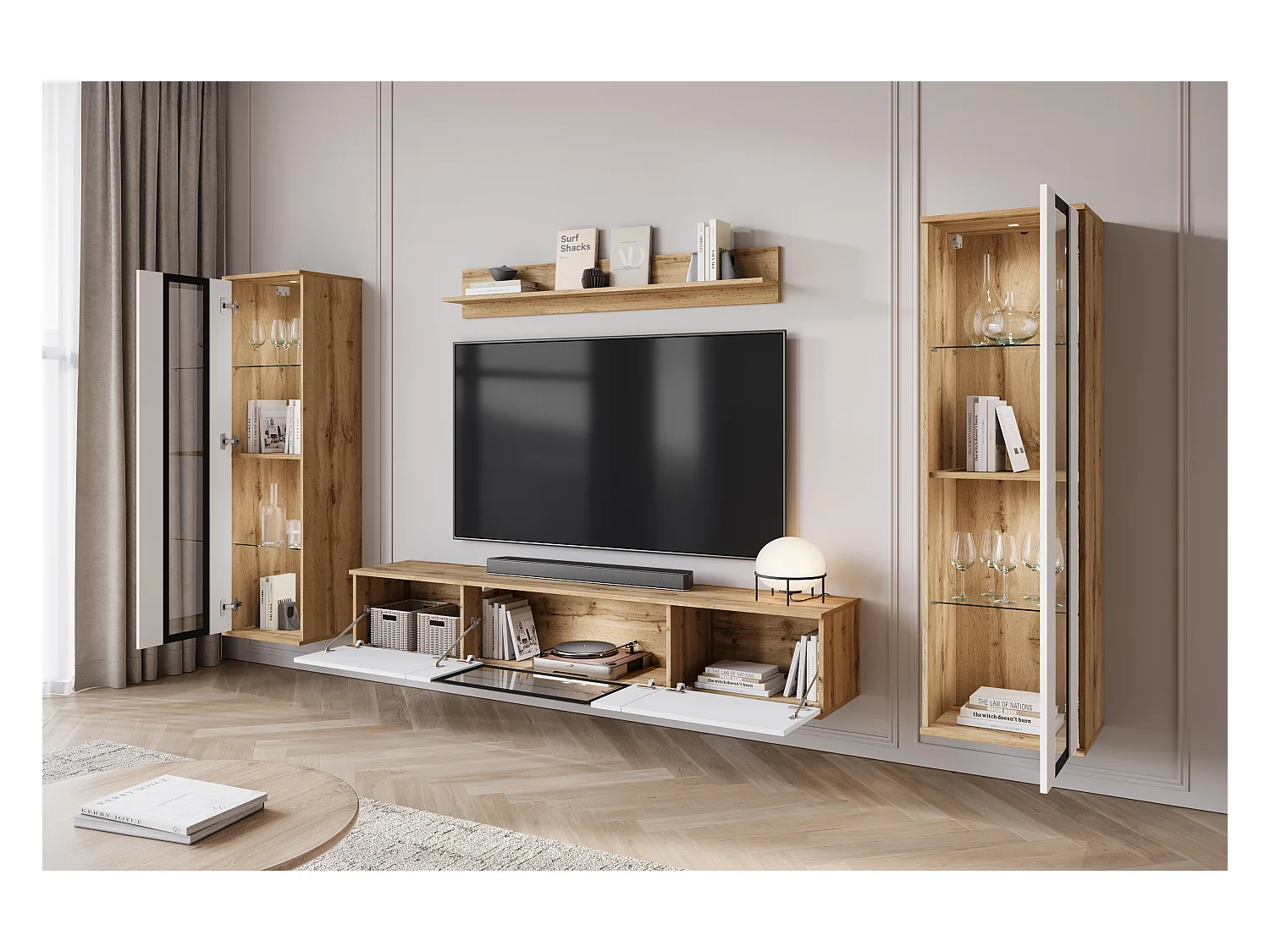 Mueble de salón moderno – 2 vitrinas y mueble TV 180 cm, cuerpo roble Wotan mate frentes blanco brillo