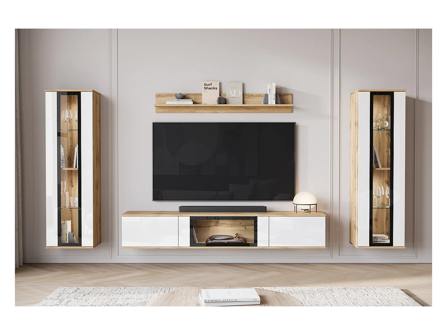Mueble de salón moderno – 2 vitrinas y mueble TV 180 cm, cuerpo roble Wotan mate frentes blanco brillo