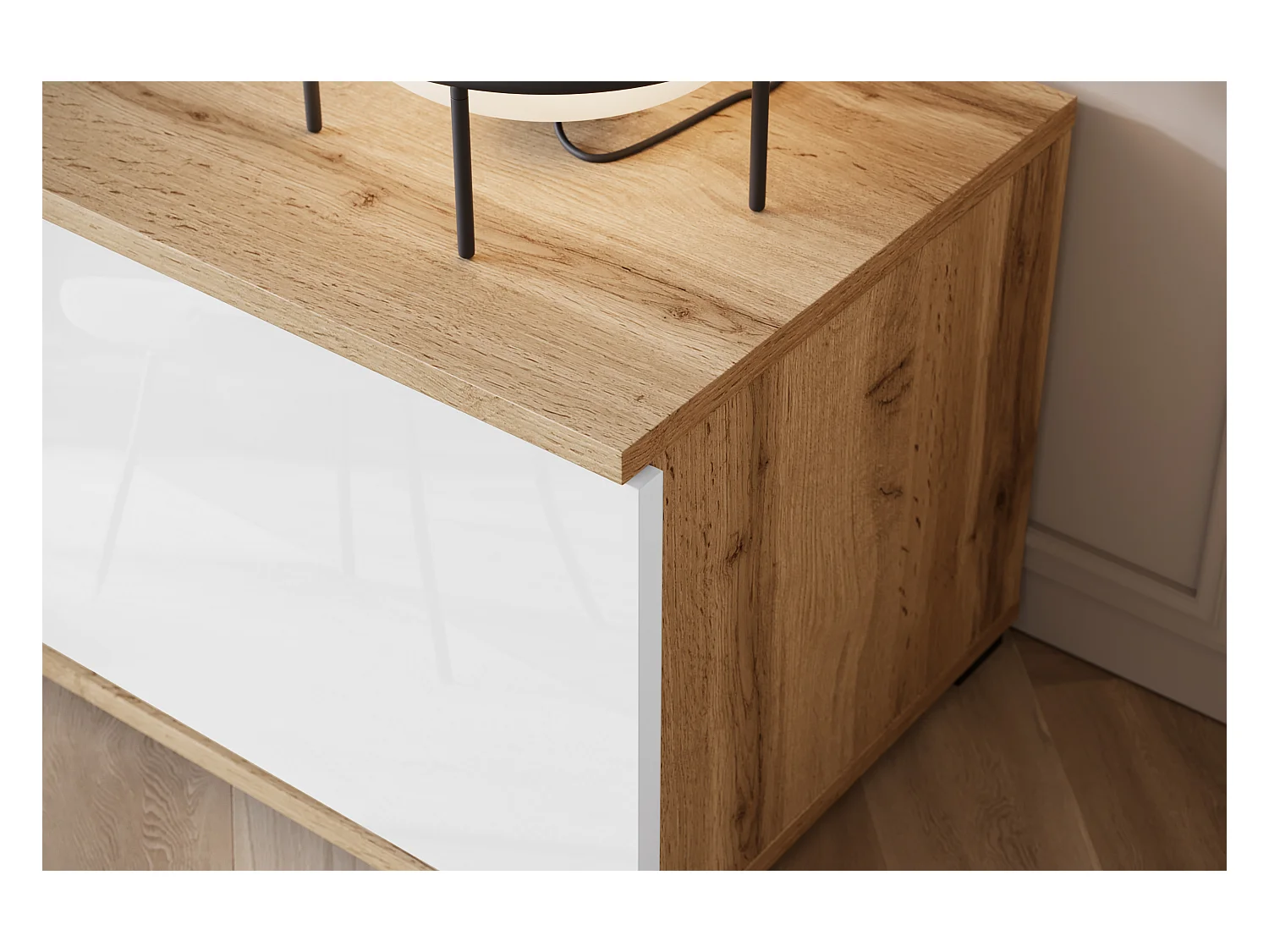 Mueble de salón moderno – 2 vitrinas y mueble TV 180 cm, cuerpo roble Wotan mate frentes blanco brillo