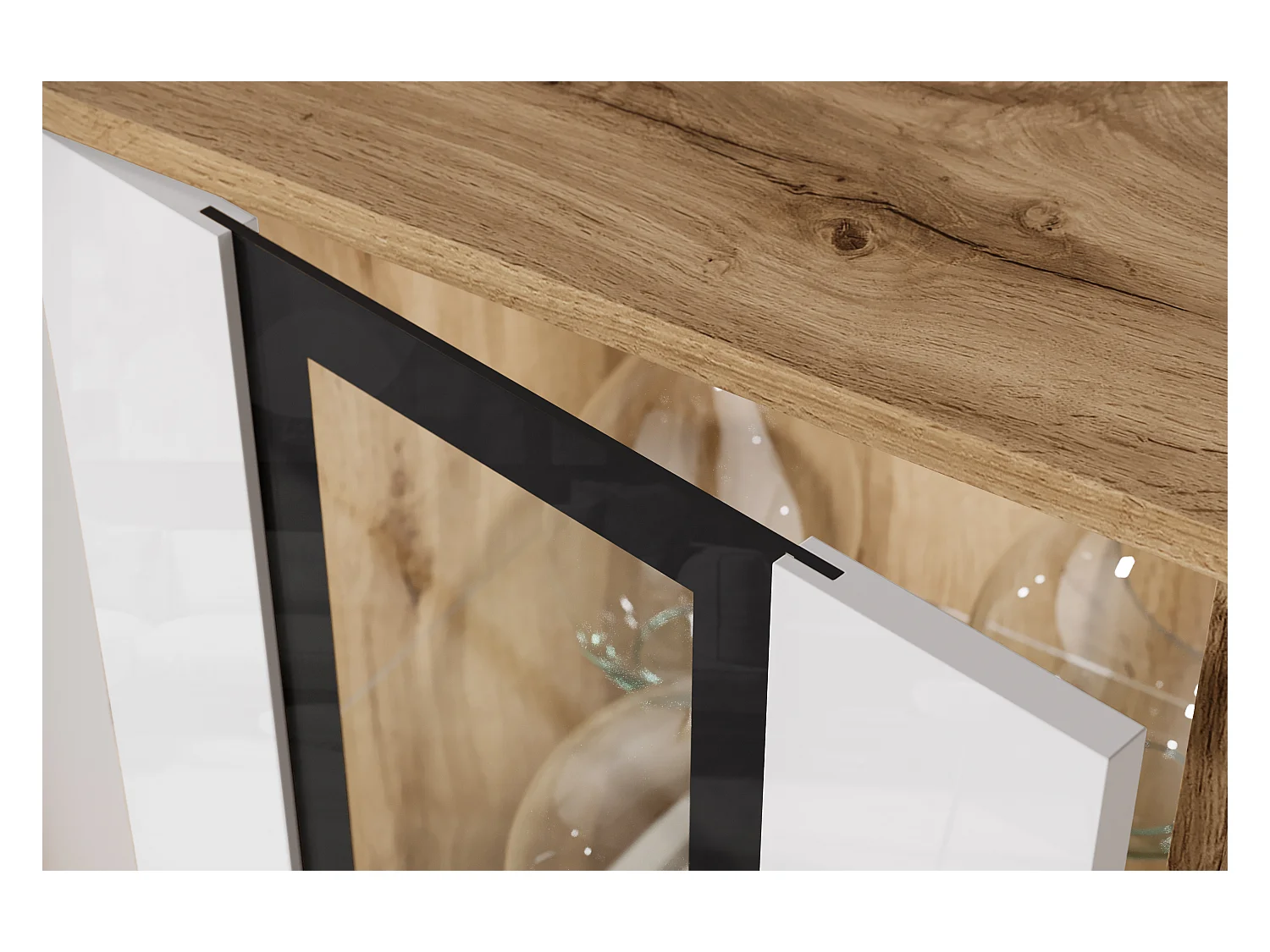 Mueble de salón moderno – 2 vitrinas y mueble TV 180 cm, cuerpo roble Wotan mate frentes blanco brillo