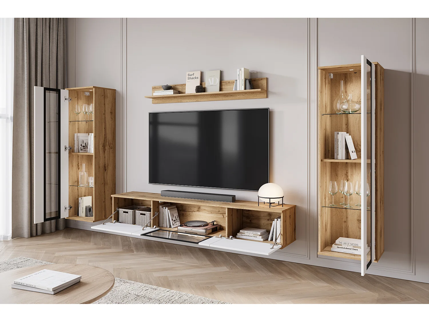 Moderne woonwand voor de woonkamer – 2 vitrinekasten en tv-meubel 180 cm, corpus eik Wotan mat fronten wit hoogglans