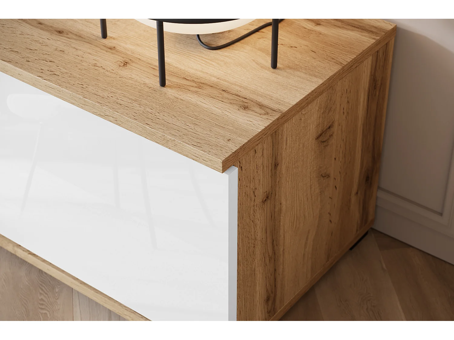 Moderne woonwand voor de woonkamer – 2 vitrinekasten en tv-meubel 180 cm, corpus eik Wotan mat fronten wit hoogglans