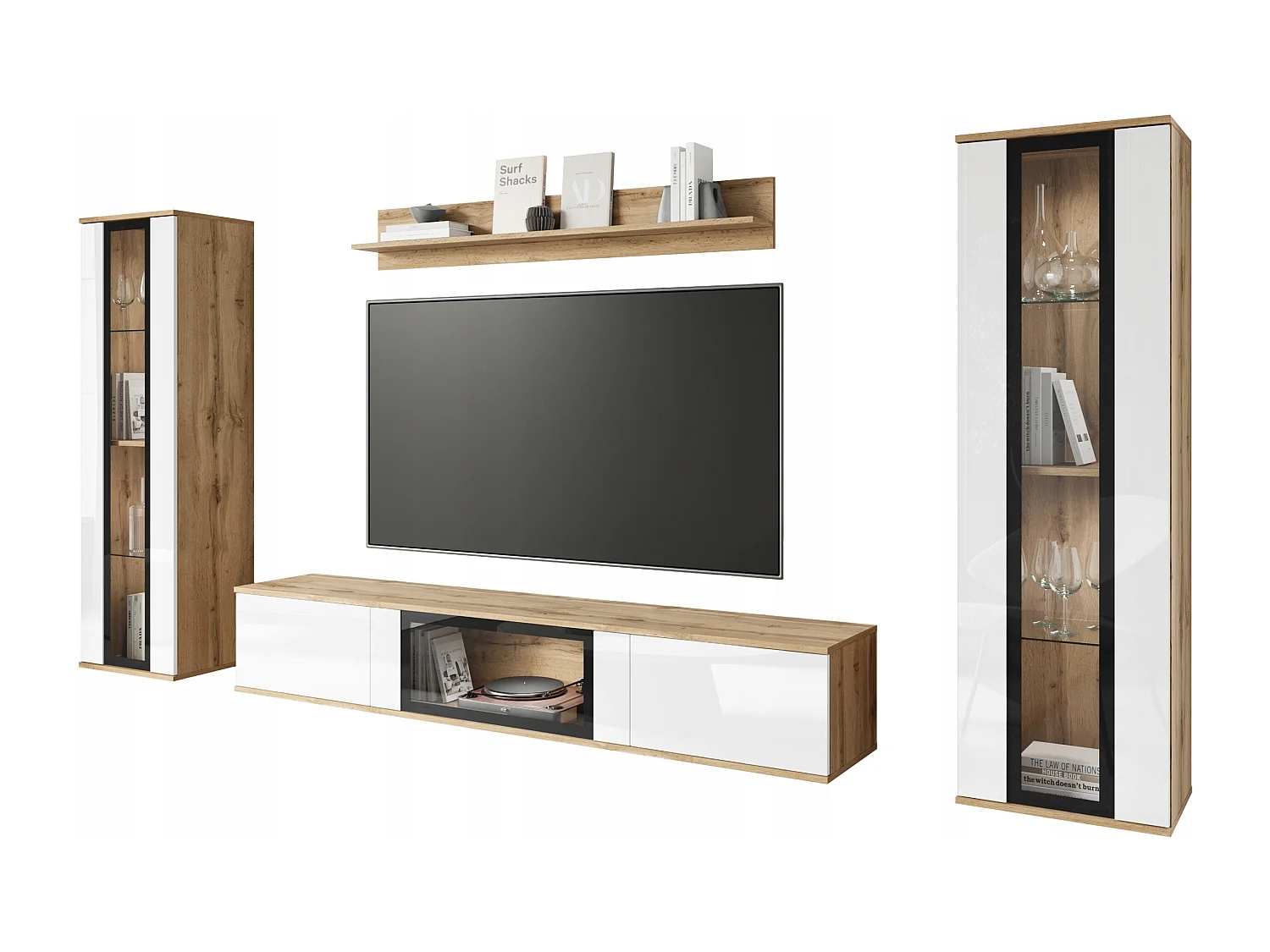 Ensemble mural moderne pour salon – 2 vitrines et meuble TV 180 cm, corps chêne Wotan mat façades blanc brillant