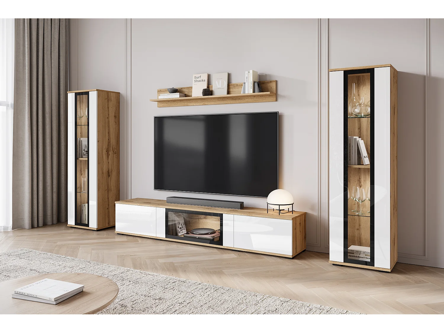 Ensemble mural moderne pour salon – 2 vitrines et meuble TV 180 cm, corps chêne Wotan mat façades blanc brillant
