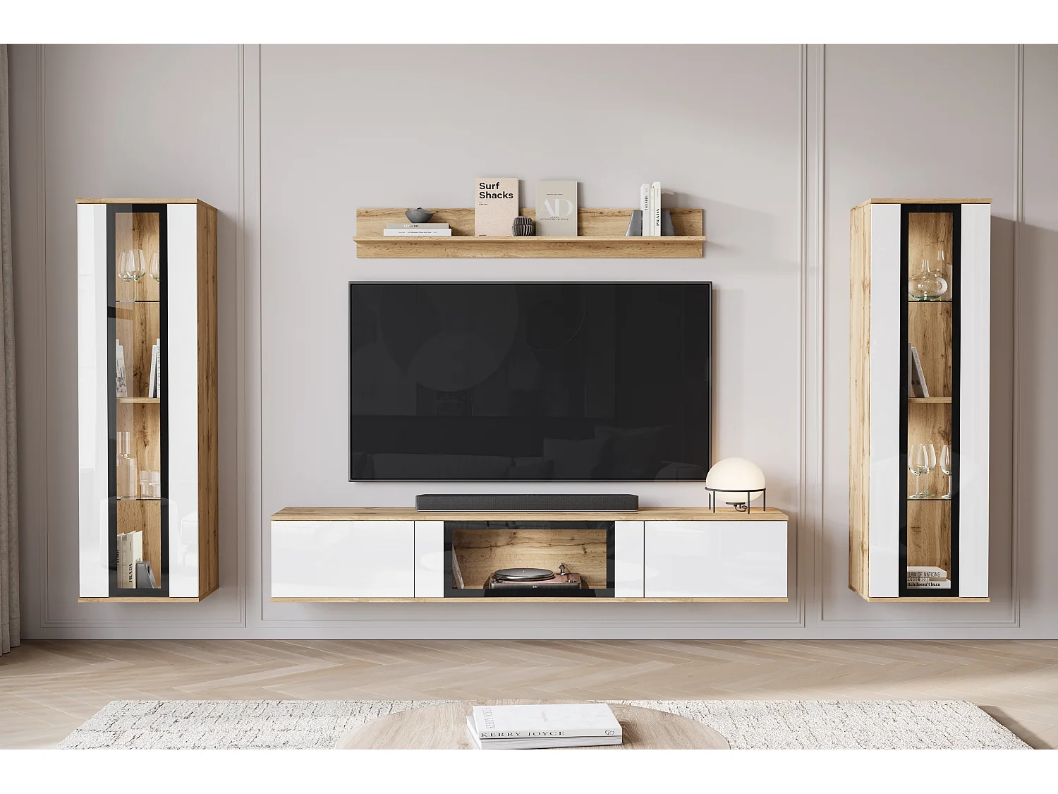Ensemble mural moderne pour salon – 2 vitrines et meuble TV 180 cm, corps chêne Wotan mat façades blanc brillant