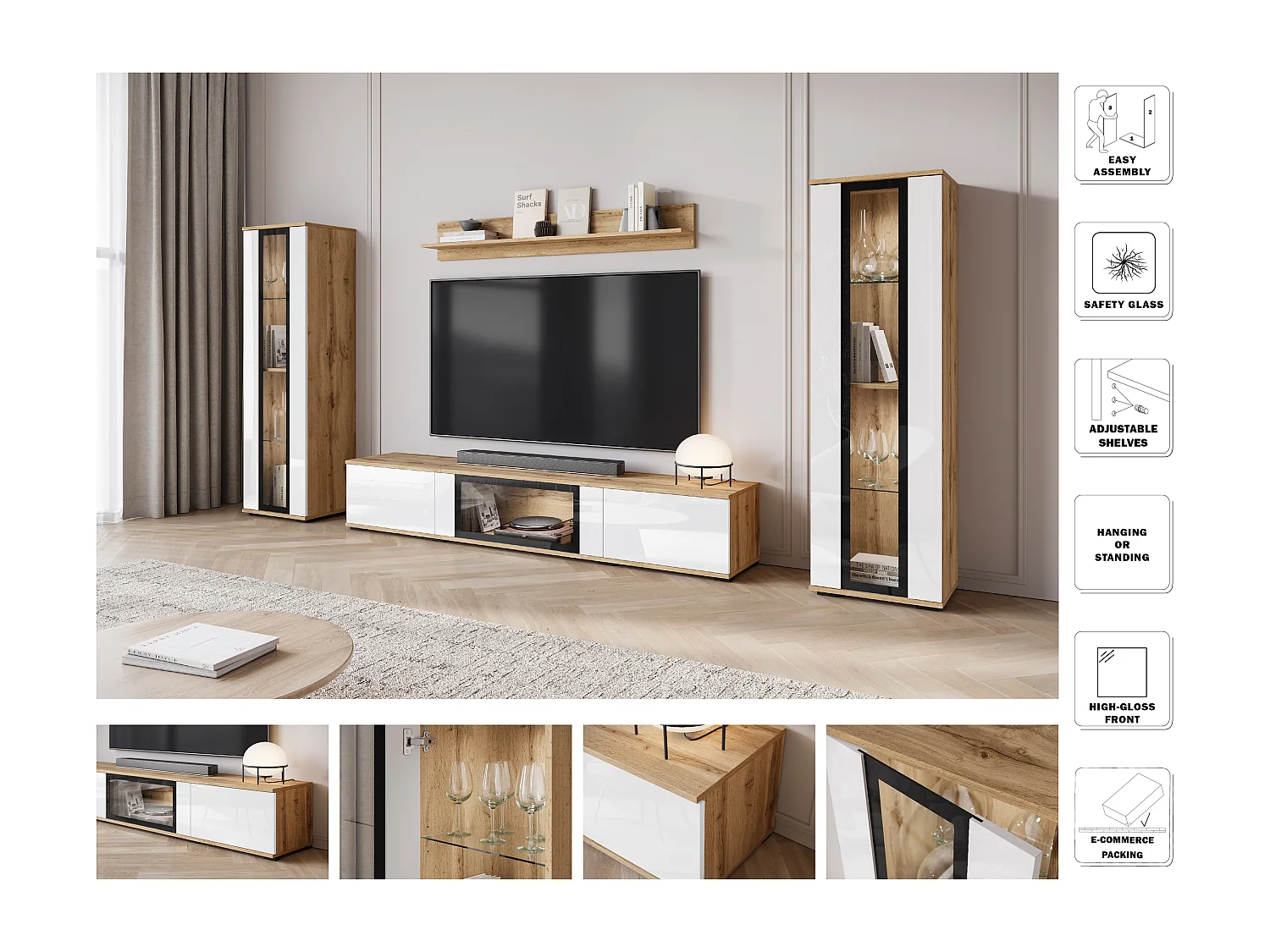 Ensemble mural moderne pour salon – 2 vitrines et meuble TV 180 cm, corps chêne Wotan mat façades blanc brillant