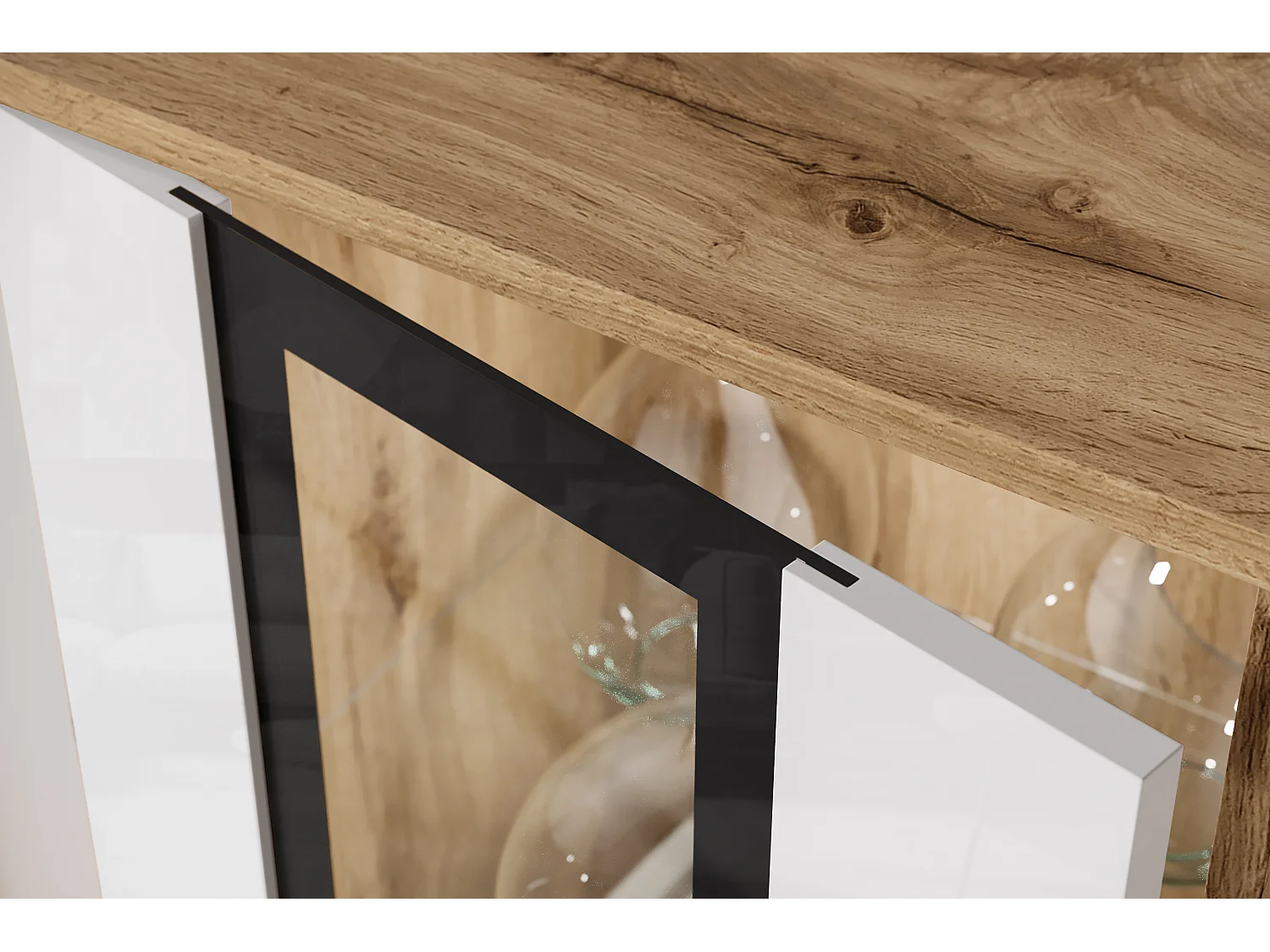 Ensemble mural moderne pour salon – 2 vitrines et meuble TV 180 cm, corps chêne Wotan mat façades blanc brillant