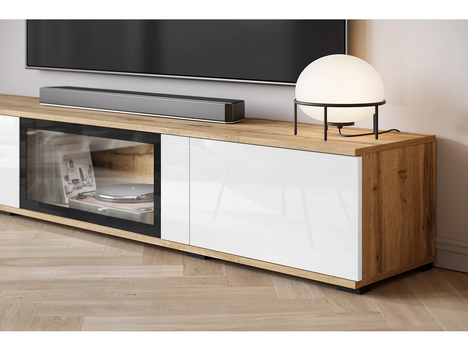 Ensemble mural moderne pour salon – 2 vitrines et meuble TV 180 cm, corps chêne Wotan mat façades blanc brillant