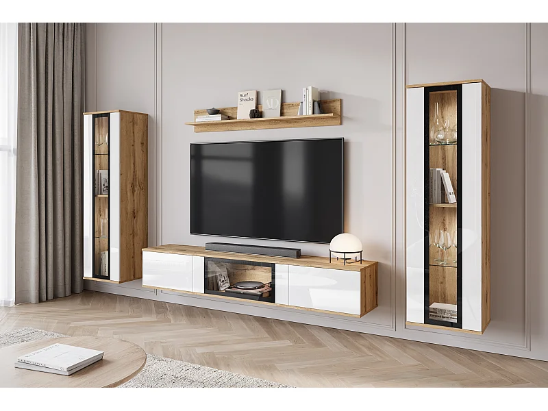 Conjunto de sala moderno – 2 vitrinas e móvel de TV 180 cm, corpo carvalho Wotan mate frentes branco brilho