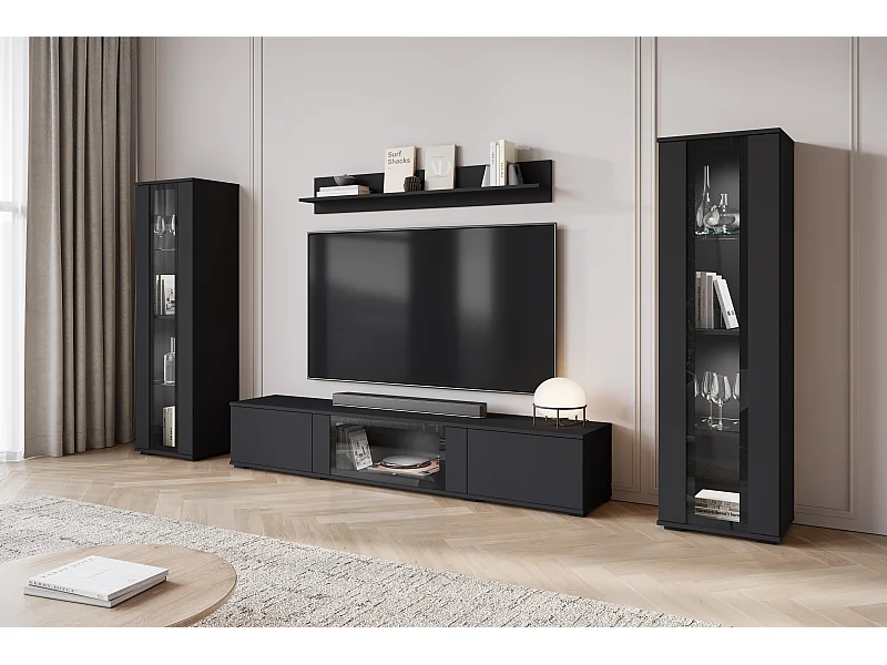 Moderne woonwand voor de woonkamer – mat, 2 vitrinekasten en tv-meubel 180 cm zwart mat