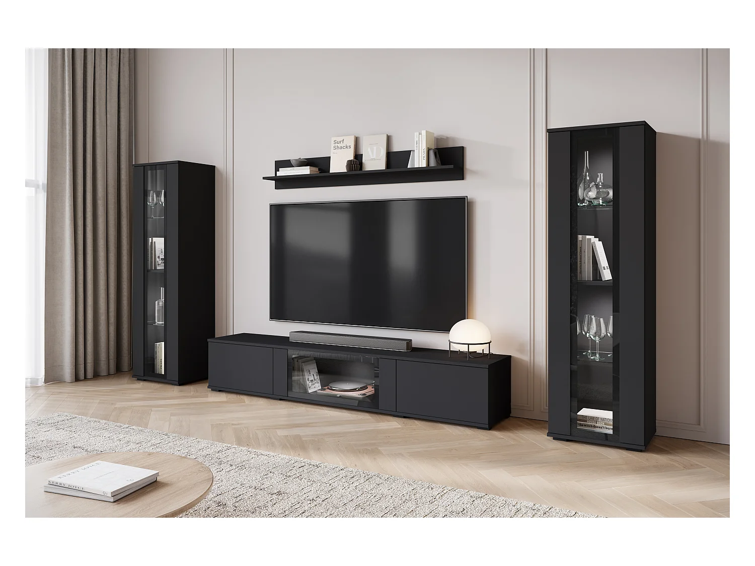 Ensemble mural moderne pour salon – finition mate, 2 vitrines et meuble TV 180 cm noir mat