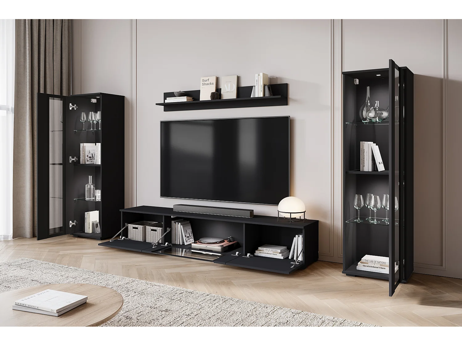 Mueble de salón moderno – mate, 2 vitrinas y mueble TV 180 cm negro mate