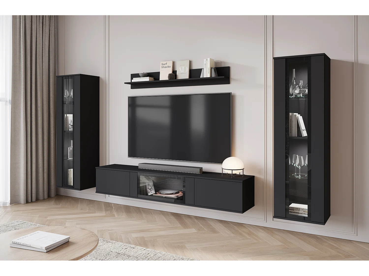 Mueble de salón moderno – mate, 2 vitrinas y mueble TV 180 cm negro mate