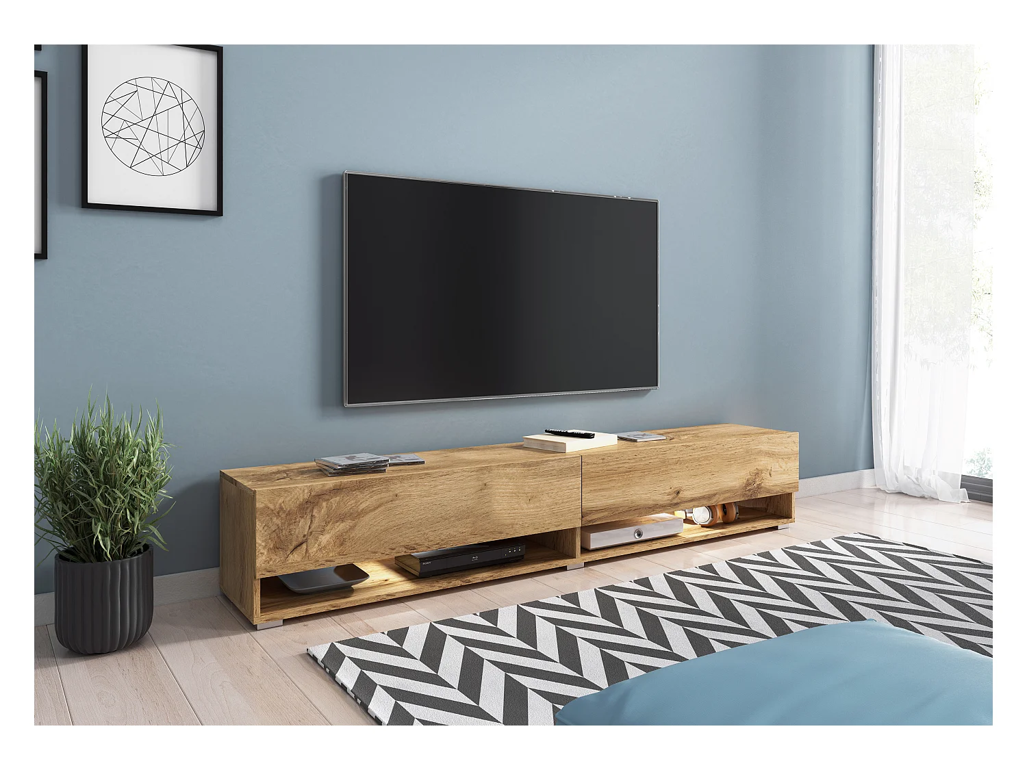 Moderne tv-kast 180 cm – greeploos, kleur eik Wotan, mat, staand of hangend