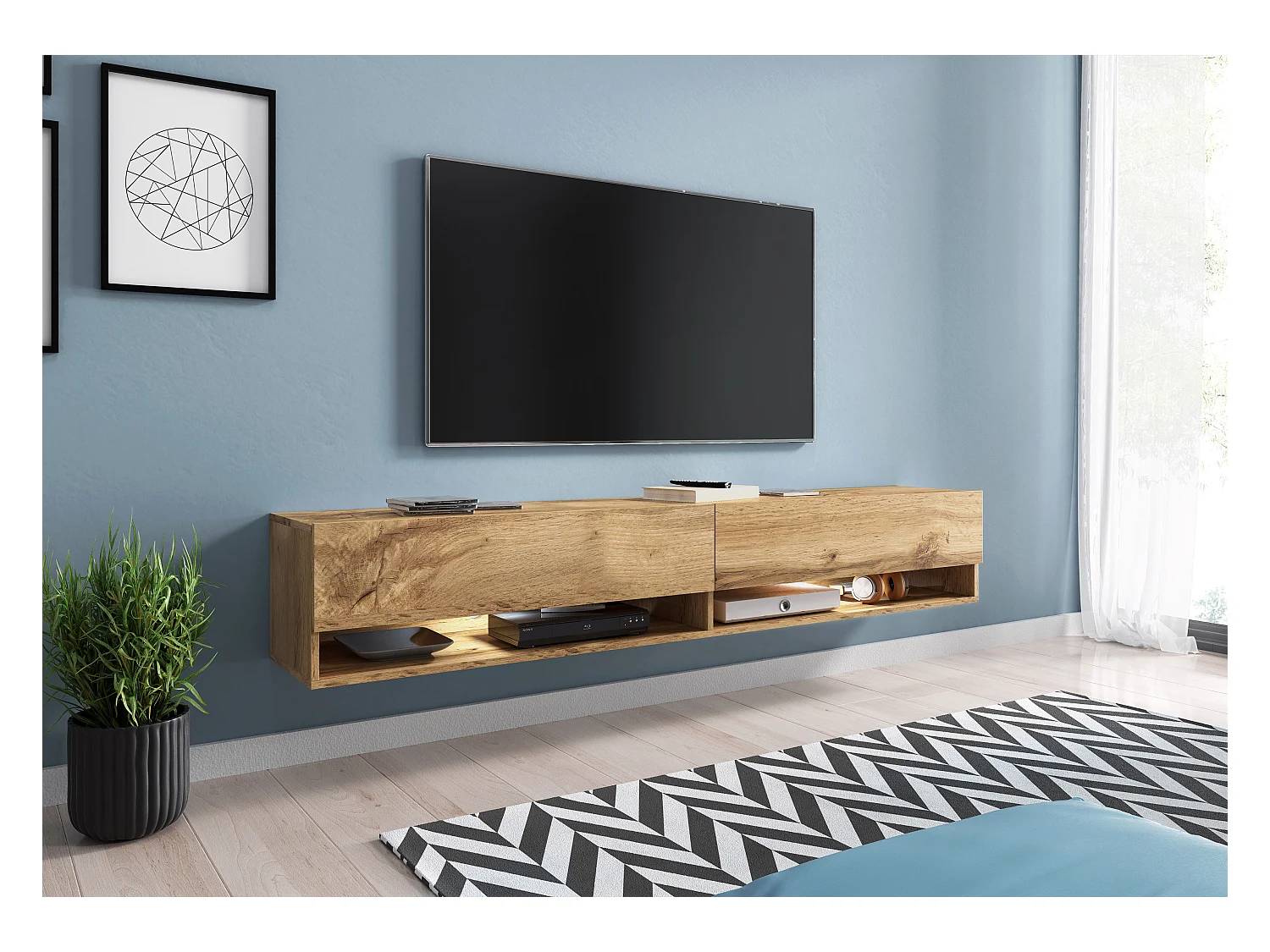 Meuble TV moderne 180 cm – sans poignées, coloris chêne Wotan, mat, posé ou suspendu