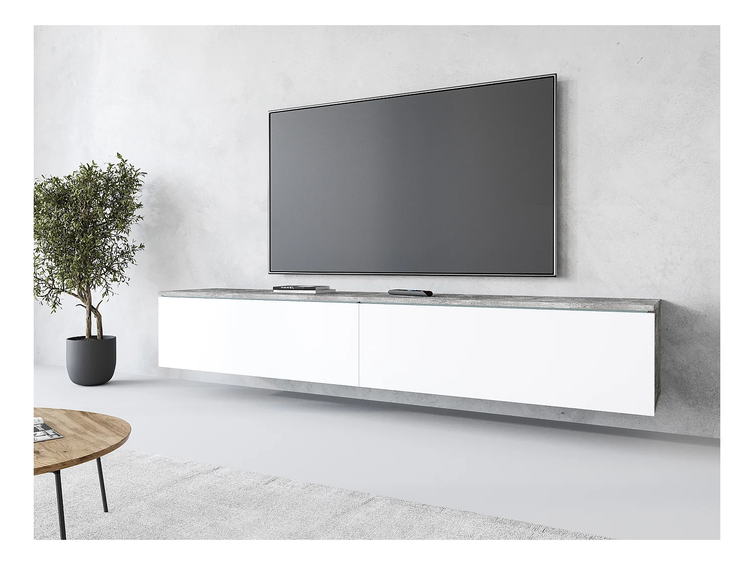 Meuble TV moderne 180 cm pour salon – 2 portes, sans poignées, mat + brillant, à poser ou à suspendre, béton smart / blanc brillant