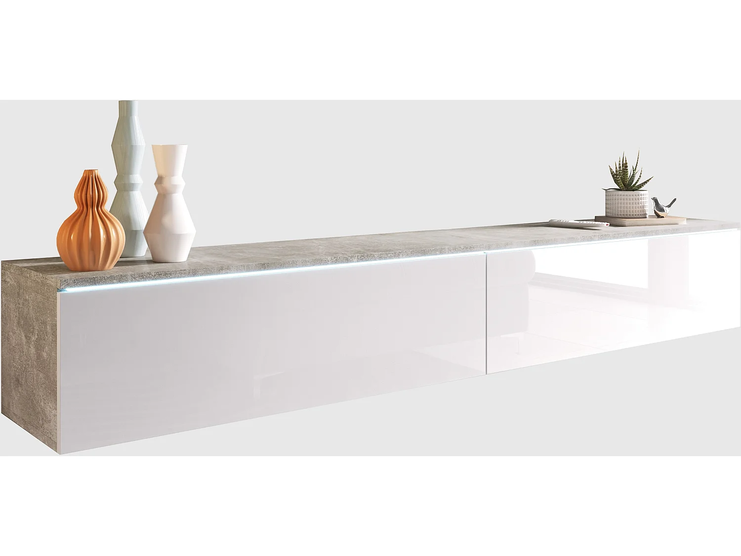 Meuble TV moderne 180 cm pour salon – 2 portes, sans poignées, mat + brillant, à poser ou à suspendre, béton smart / blanc brillant