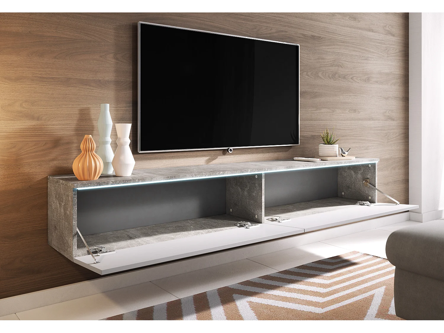 Meuble TV moderne 180 cm pour salon – 2 portes, sans poignées, mat + brillant, à poser ou à suspendre, béton smart / blanc brillant