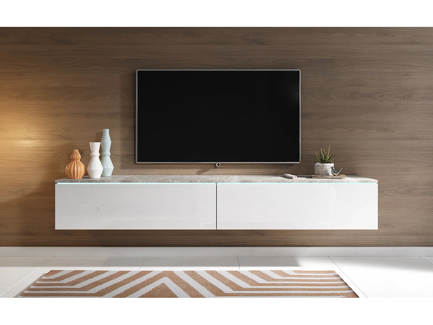 Meuble TV moderne 180 cm pour salon – 2 portes, sans poignées, mat + brillant, à poser ou à suspendre, béton smart / blanc brillant