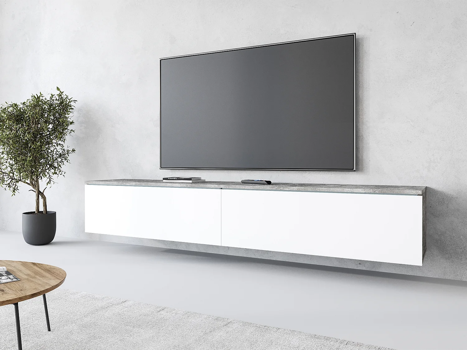 TV-Lowboard D 180 cm, Fernsehschrank, Wohnzimmermöbel, mit LED-Beleuchtung, Farbe Beton/Weiß Glanz