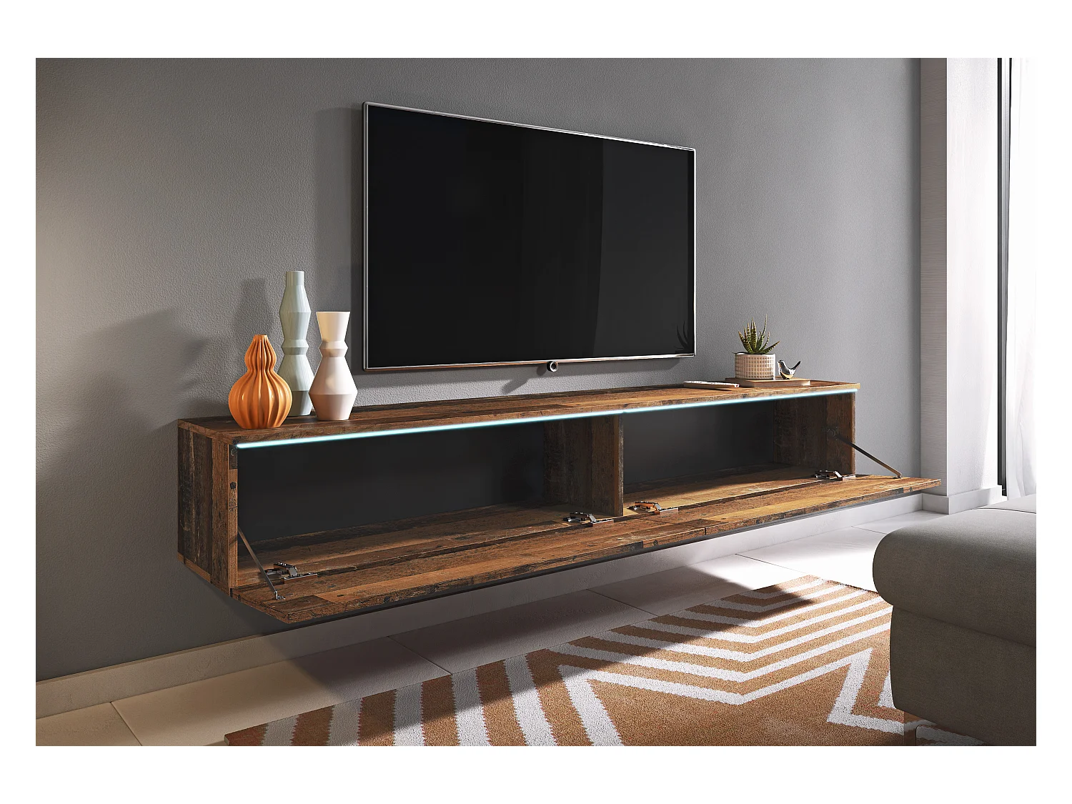 Mueble de TV moderno 180 cm para salón – 2 puertas, sin tiradores, acabado mate, para colocar o colgar, estilo vintage