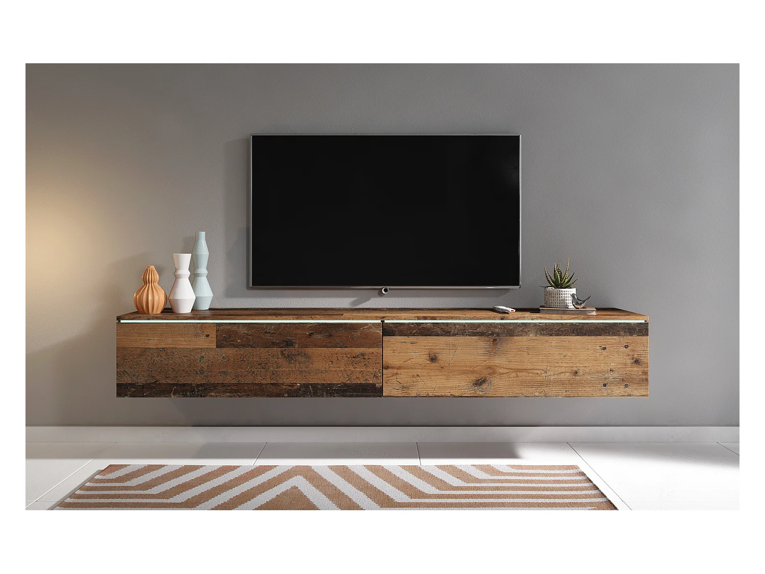 Mueble de TV moderno 180 cm para salón – 2 puertas, sin tiradores, acabado mate, para colocar o colgar, estilo vintage