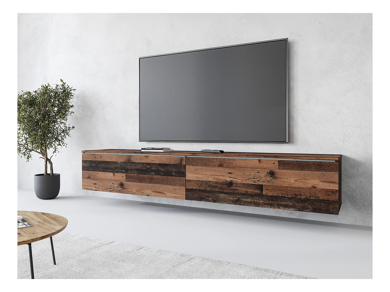 Meuble TV moderne 180 cm pour salon – 2 portes, sans poignées, finition mate, à poser ou à suspendre, style ancien