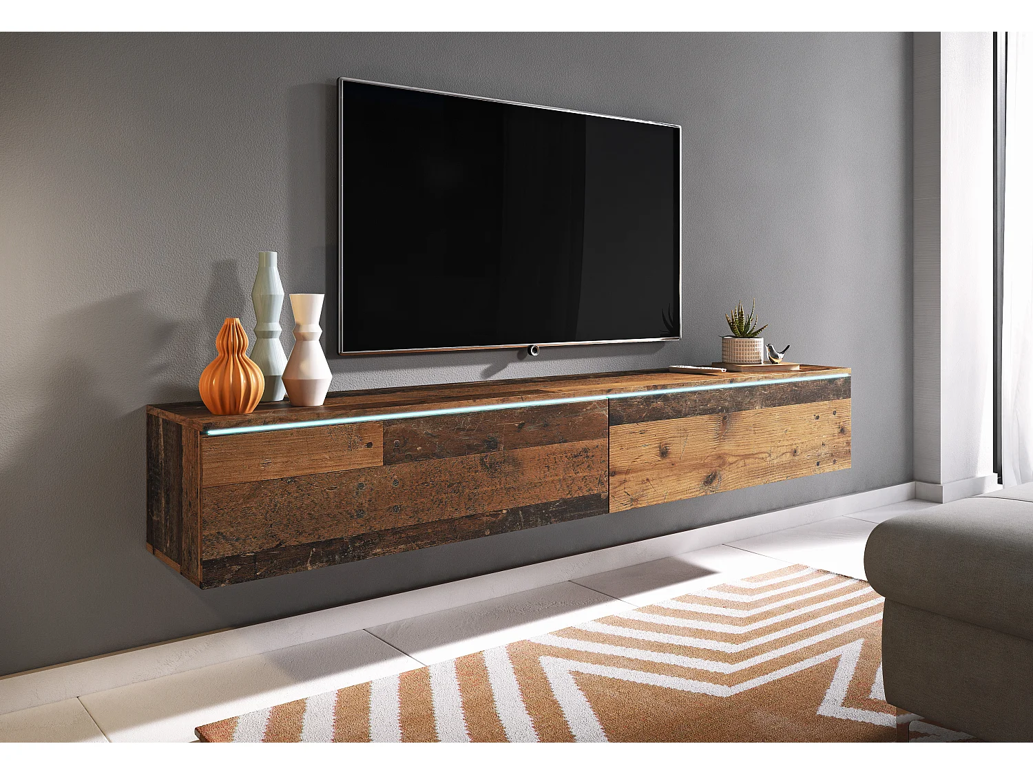 Meuble TV moderne 180 cm pour salon – 2 portes, sans poignées, finition mate, à poser ou à suspendre, style ancien