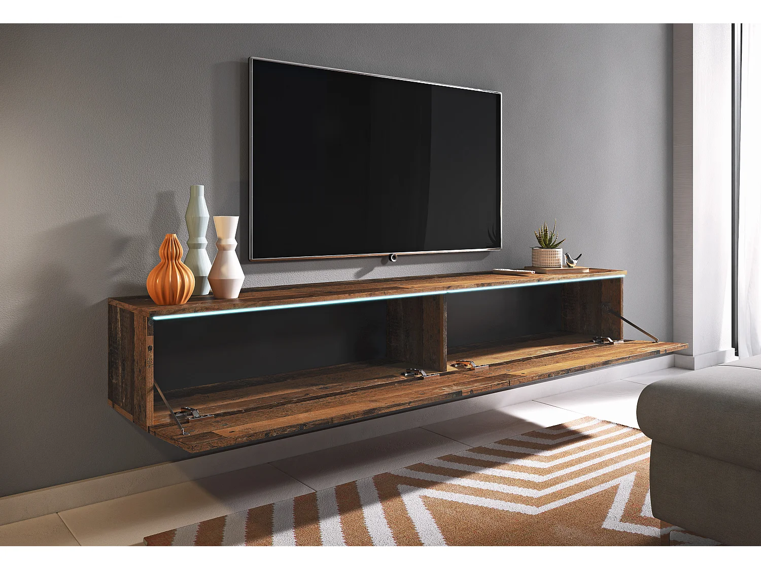 Meuble TV moderne 180 cm pour salon – 2 portes, sans poignées, finition mate, à poser ou à suspendre, style ancien