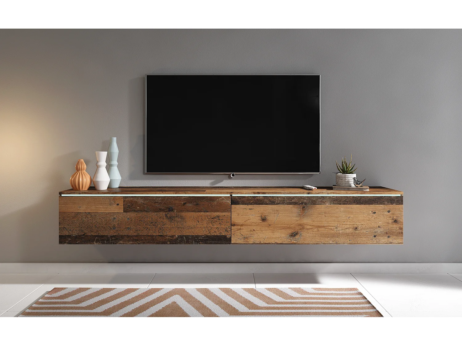 Meuble TV moderne 180 cm pour salon – 2 portes, sans poignées, finition mate, à poser ou à suspendre, style ancien