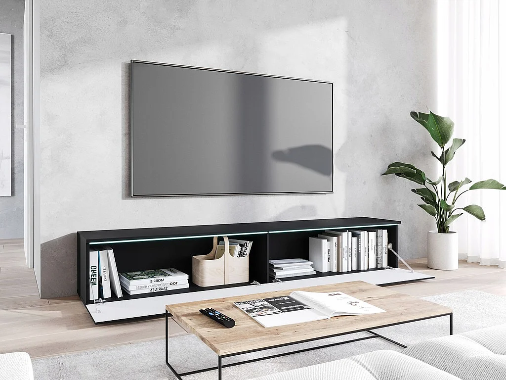 Meuble TV moderne 180 cm pour salon – 2 portes sans poignées, finition mate, posé ou suspendu, façades MDF noir mat