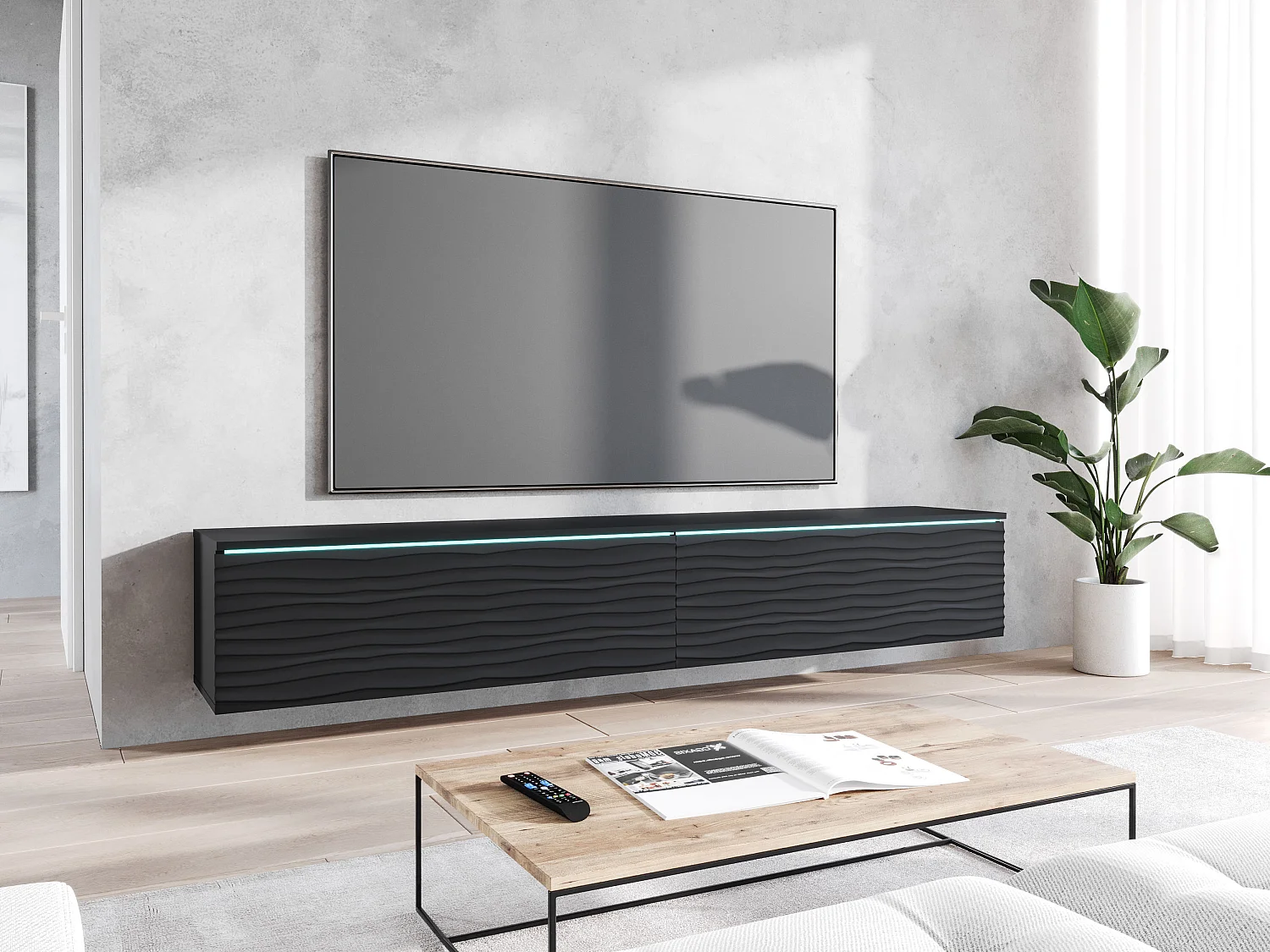 Meuble TV moderne 180 cm pour salon – 2 portes sans poignées, finition mate, posé ou suspendu, façades MDF noir mat