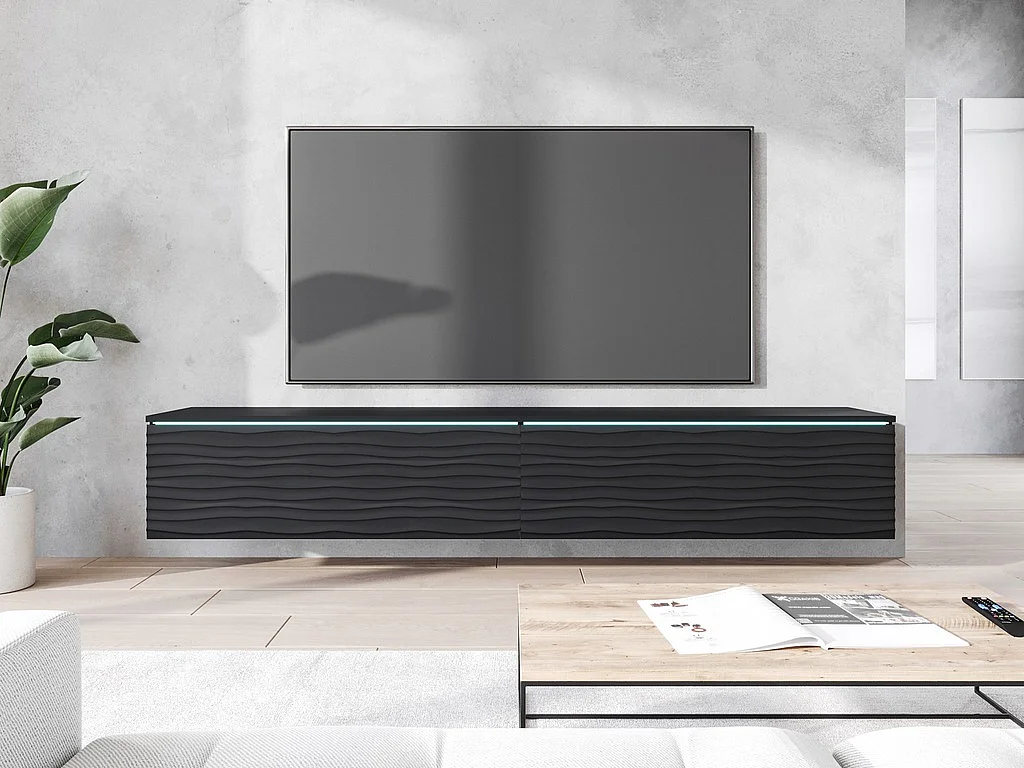 Meuble TV moderne 180 cm pour salon – 2 portes sans poignées, finition mate, posé ou suspendu, façades MDF noir mat