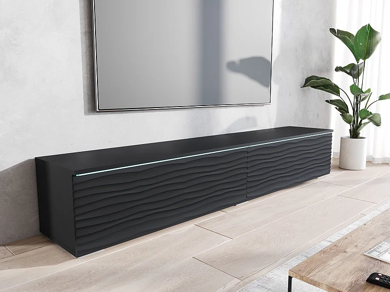 Meuble TV moderne 180 cm pour salon – 2 portes sans poignées, finition mate, posé ou suspendu, façades MDF noir mat