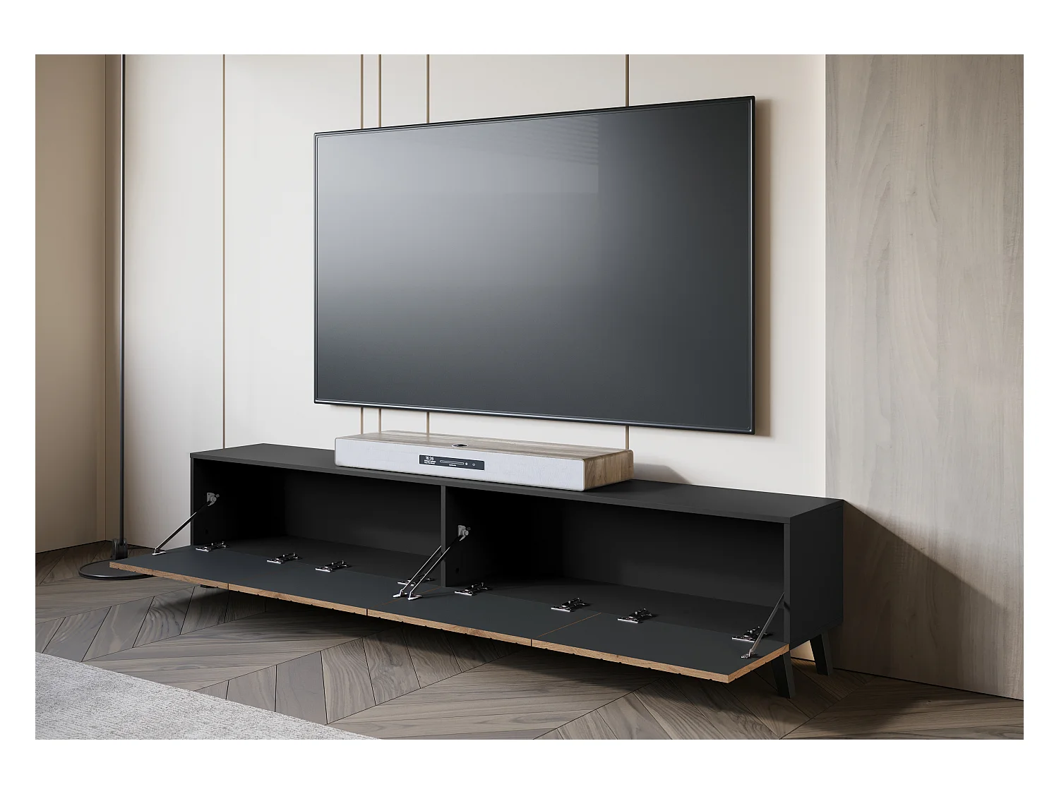 Nowoczesna szafka RTV 190 cm czarny grafit/wotan do salonu na nóżkach, fronty MDF frez jodełka