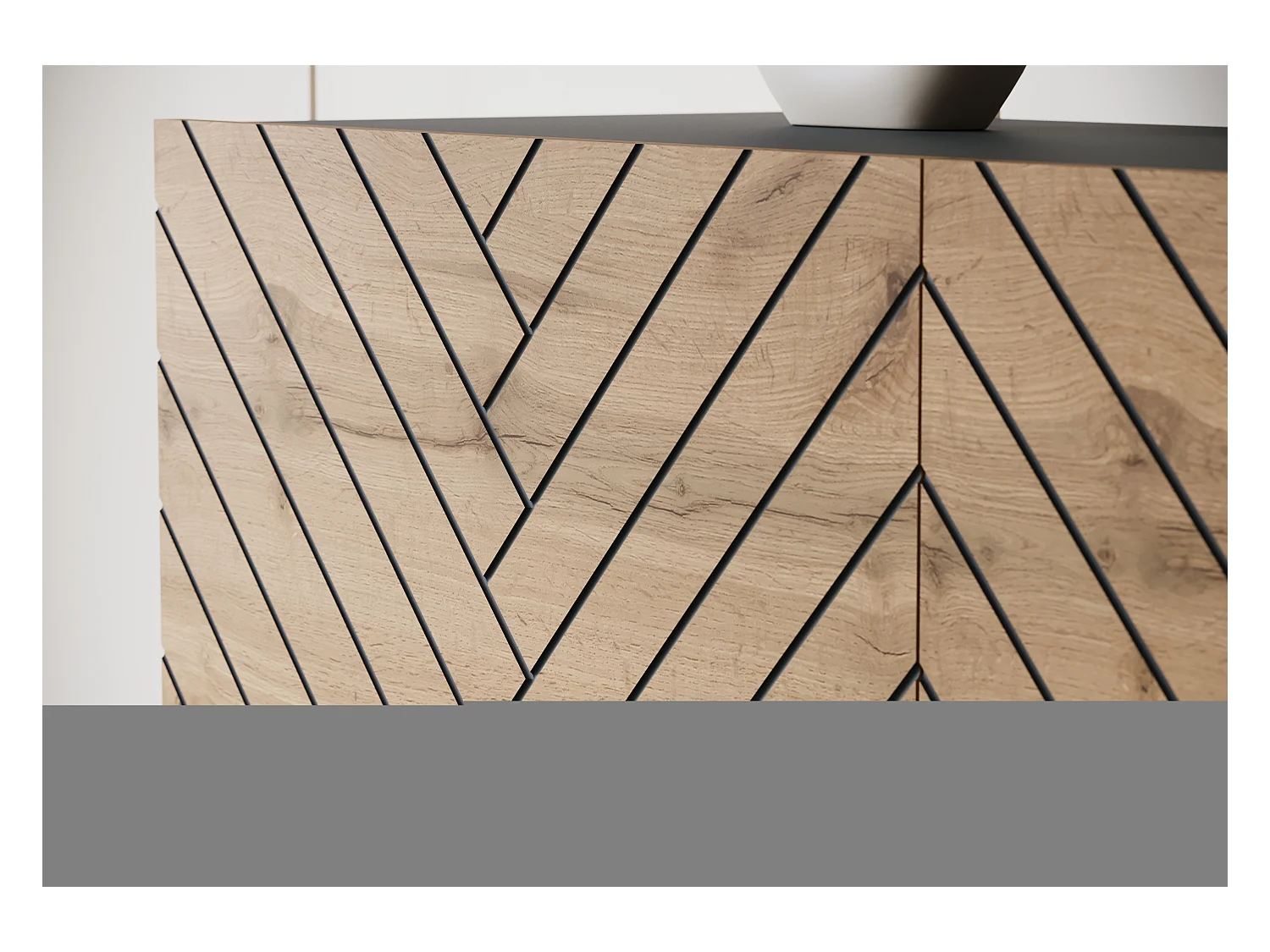 Nowoczesna szafka RTV 190 cm czarny grafit/wotan do salonu na nóżkach, fronty MDF frez jodełka