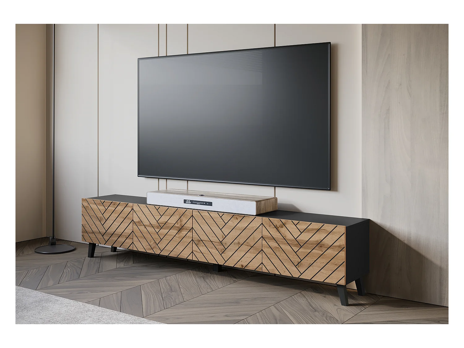 Meuble TV moderne 190 cm noir graphite/chêne wotan sur pieds pour salon, façades MDF rainurées en chevrons