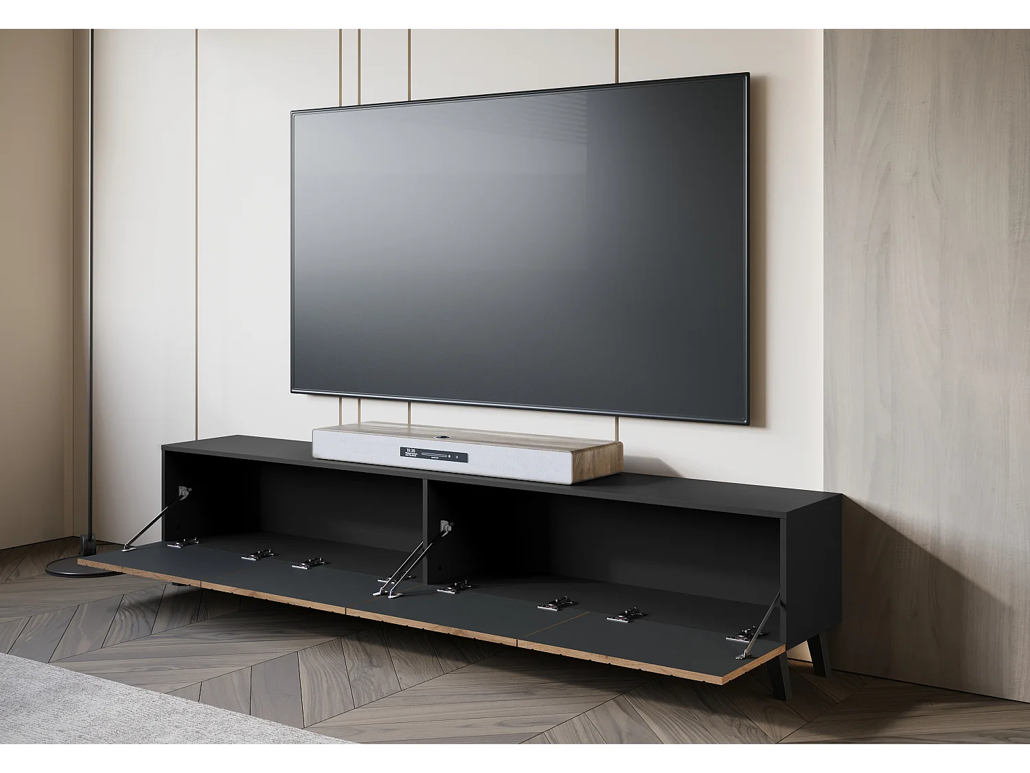 Meuble TV moderne 190 cm noir graphite/chêne wotan sur pieds pour salon, façades MDF rainurées en chevrons