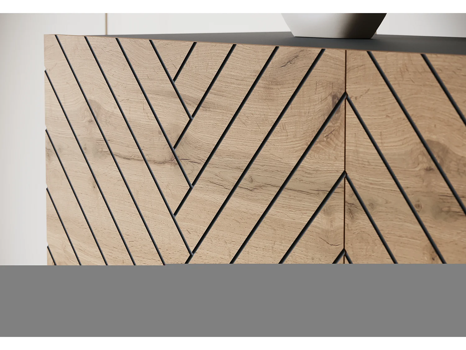 Meuble TV moderne 190 cm noir graphite/chêne wotan sur pieds pour salon, façades MDF rainurées en chevrons