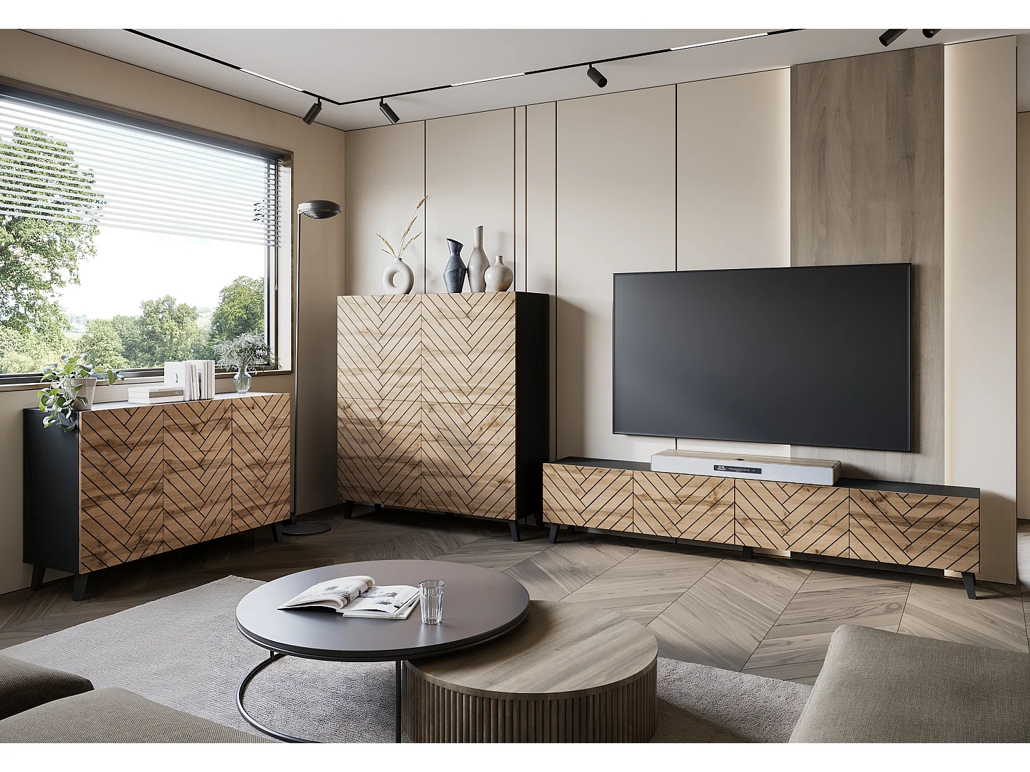 Meuble TV moderne 190 cm noir graphite/chêne wotan sur pieds pour salon, façades MDF rainurées en chevrons